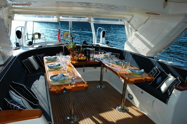 A fancy lunch on a yacht that's been maintained and cleaned regularly.